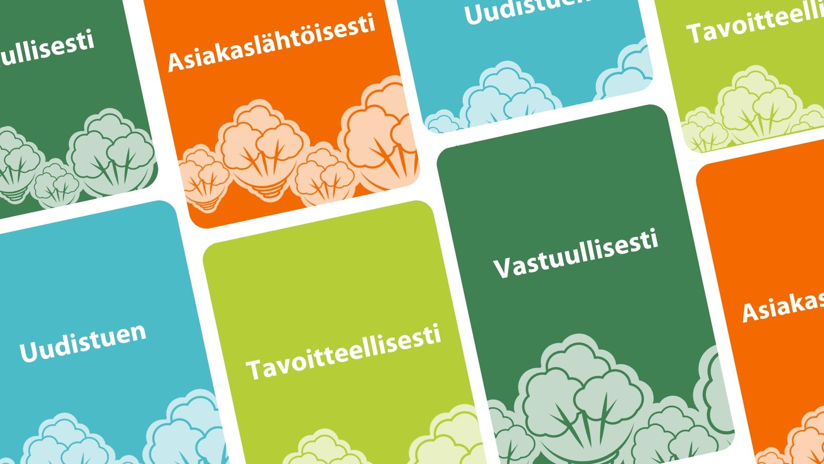 Värikkäillä korteilla sanat uudistuen, tavoitteellisesti, vastuullisesti, asiakaslähtöisesti.