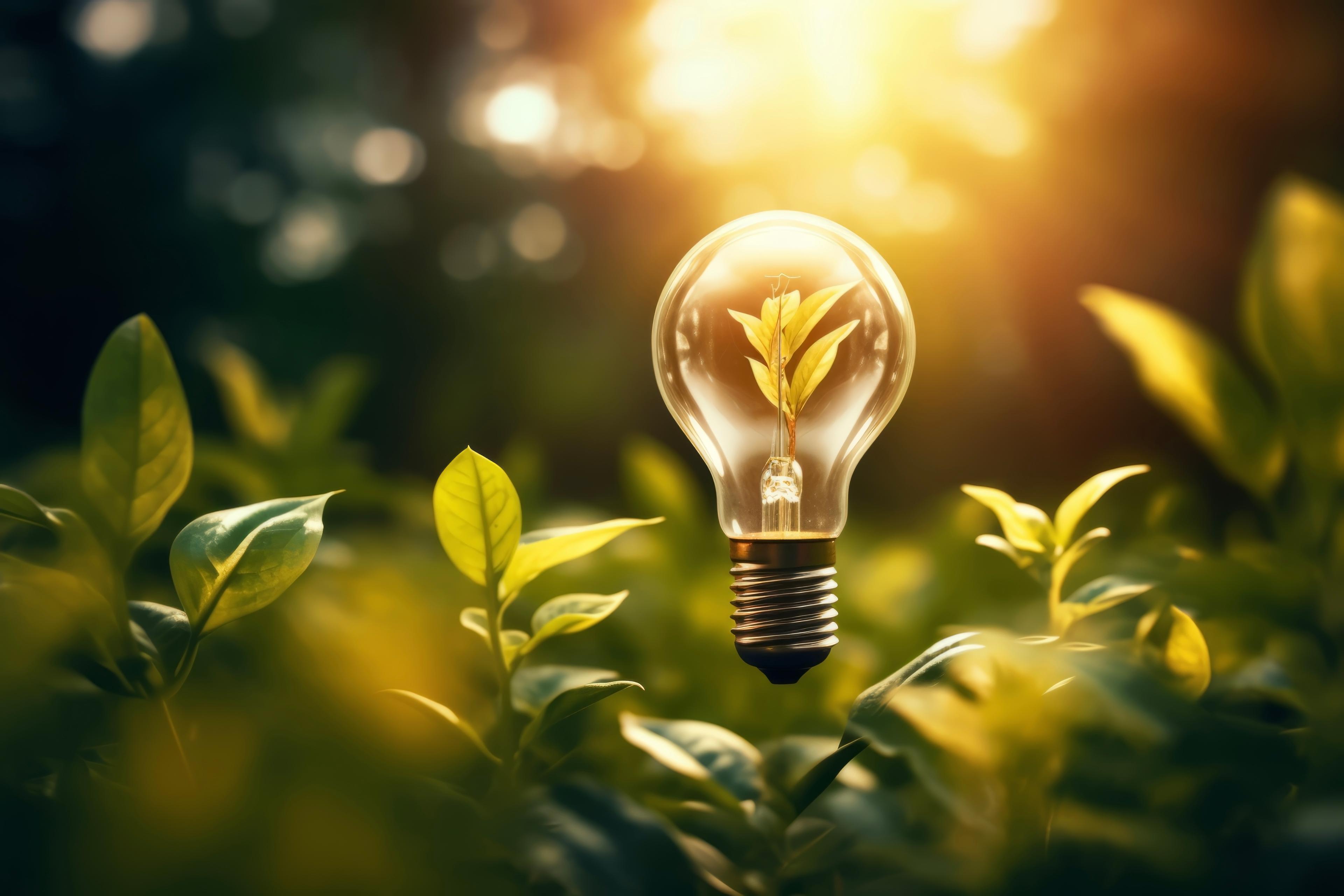 Kuvitteellisessa vastuullisuutta viestivässä kuvassa on lamppu, jonka sisällä kasvaa vihreitä lehtiä. Etualalla on vihreää kasvustoa ja takana näkyy sumennettua metsää sekä takaa kajastavaa auringonvaloa.