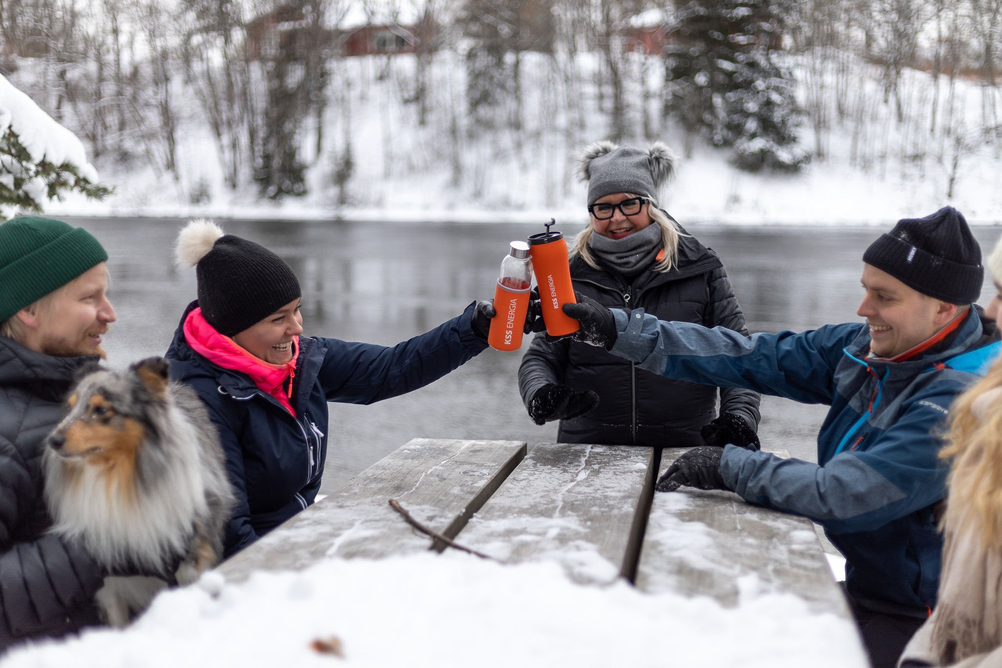 Viisi ihmistä ja koira ulkona piknikillä. Nainen ja mies kippistävät juomapulloilla.