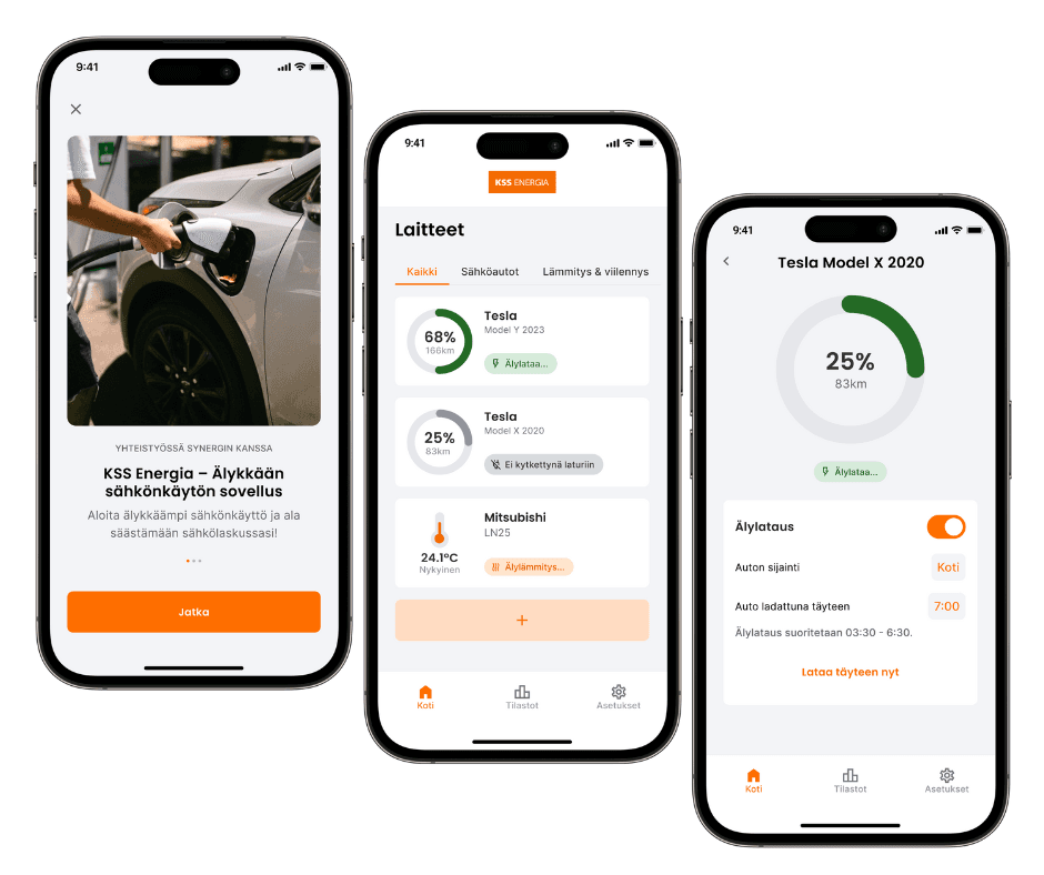 Kuvassa näkyy valkoisella kolme älypuhelimen ruutua. Ensimmäisessä ruudussa on kuva sähköauton latauksesta, toisessa ympyrägraafia lataustapahtumasta ja kolmannessa yksi älylataukseen liittyvä ympyrägraafi.