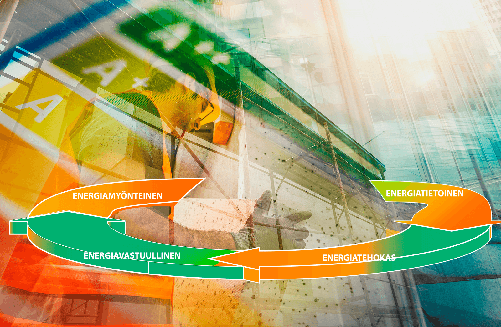 Energiavastuullisuuden polun vaiheet kuvattuna ympyrägraafilla. Taustalla kuvavälähdyksiä energiatehokkuudesta, rakennustyömaalta sekä ison yritysrakennuksen lasiovista kaupunkinäkymässä.
