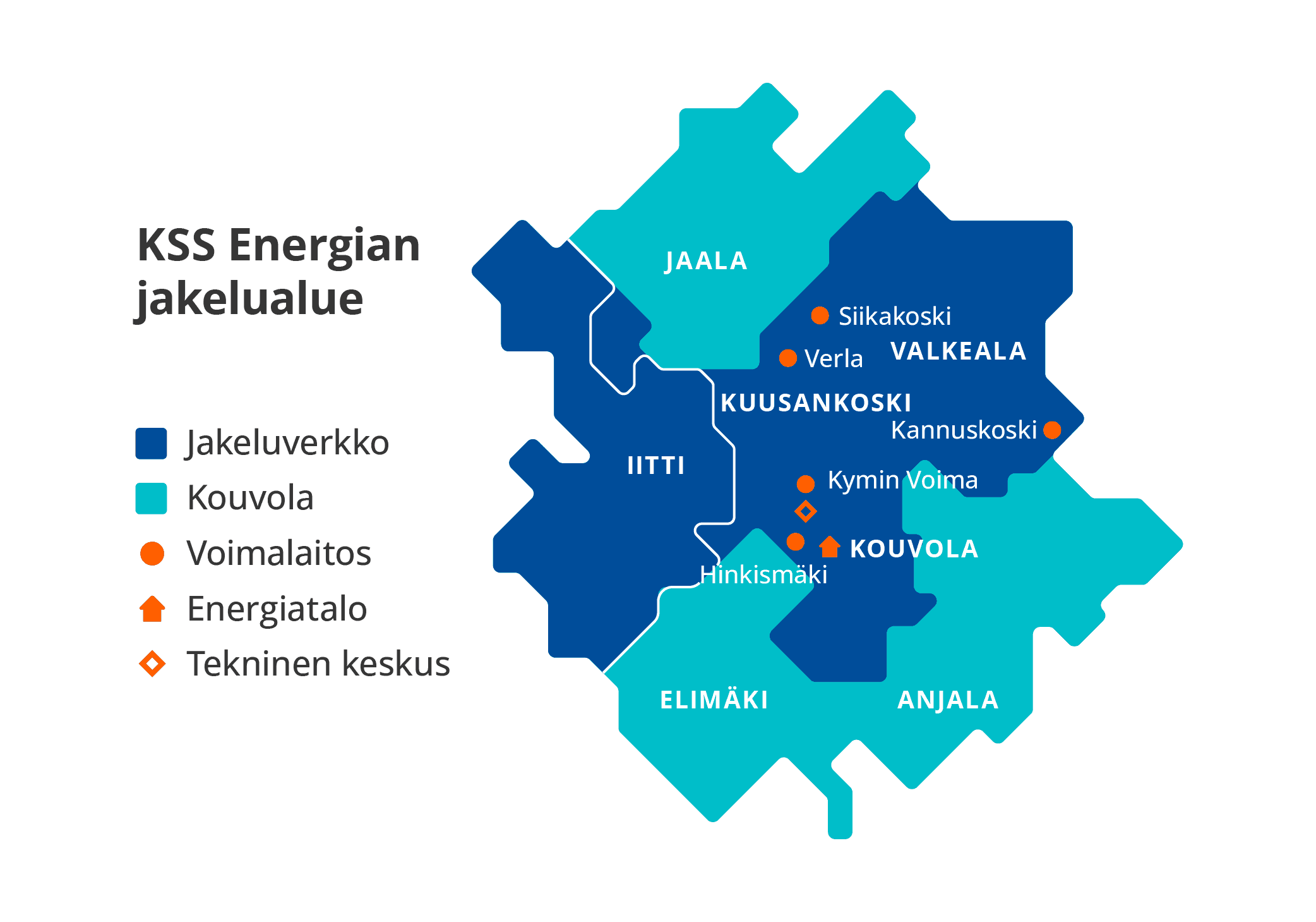 Kartalle on merkitty turkoosilla Kouvolan alue, josta tumman sinisellä on väritetty KSS Verkon jakeluverkon alue. Oranssit pallot merkitsevät voimalaitoksien sijaintia, oranssi mökki näyttää Energiatalon sijainnin ja oranssi ruutu Teknisen keskuksen sijainnin.