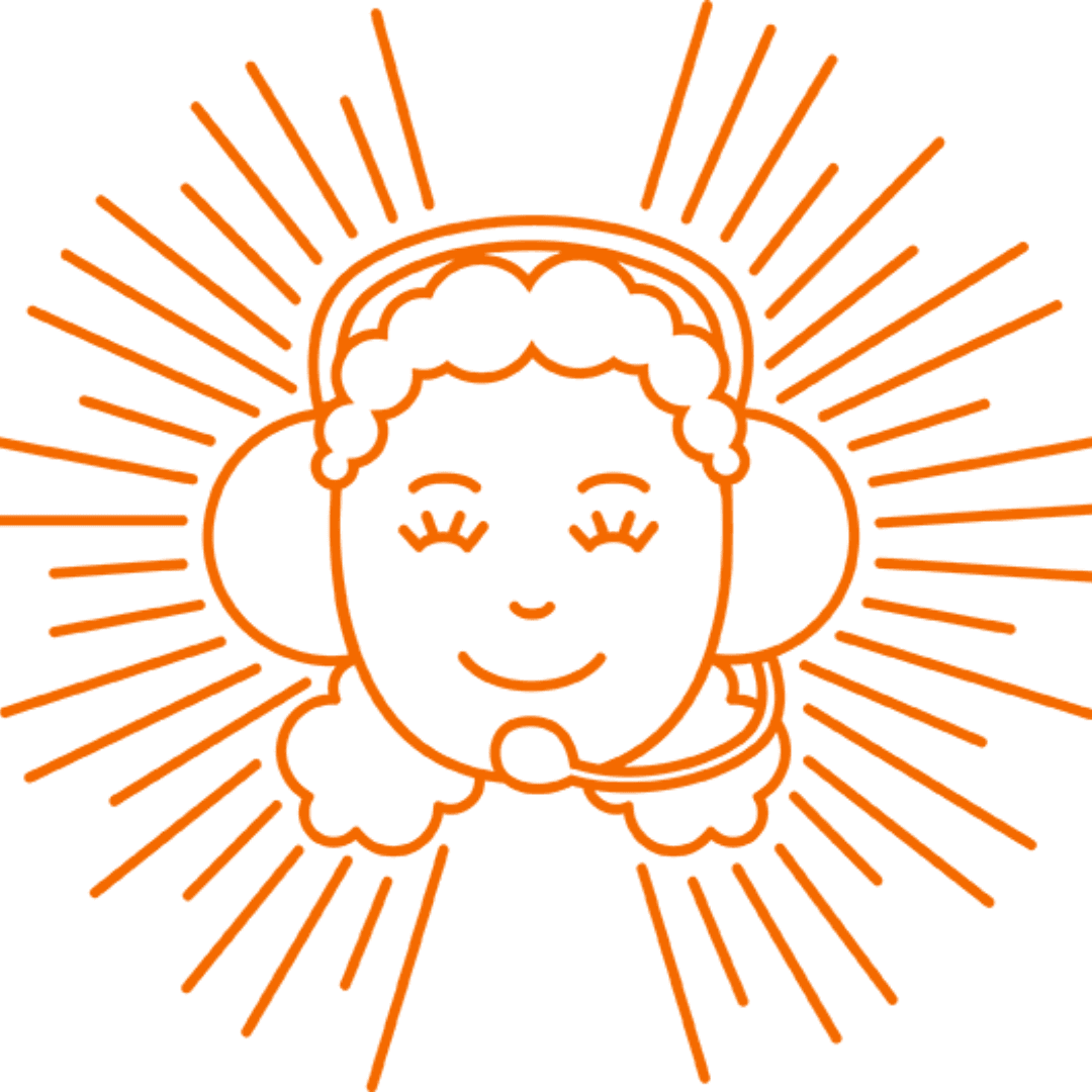 Piirrosgrafiikka virtuaalisesta asiakaspalvelijasta, naisesta, jolla on kuulokemikrofoni ja hymyilevät kasvot. Valkoisella pohjalla näkyy oranssit ääriviivat. Näkyvissä hahmon kasvot ja ympärillä sädemäinen kehä.